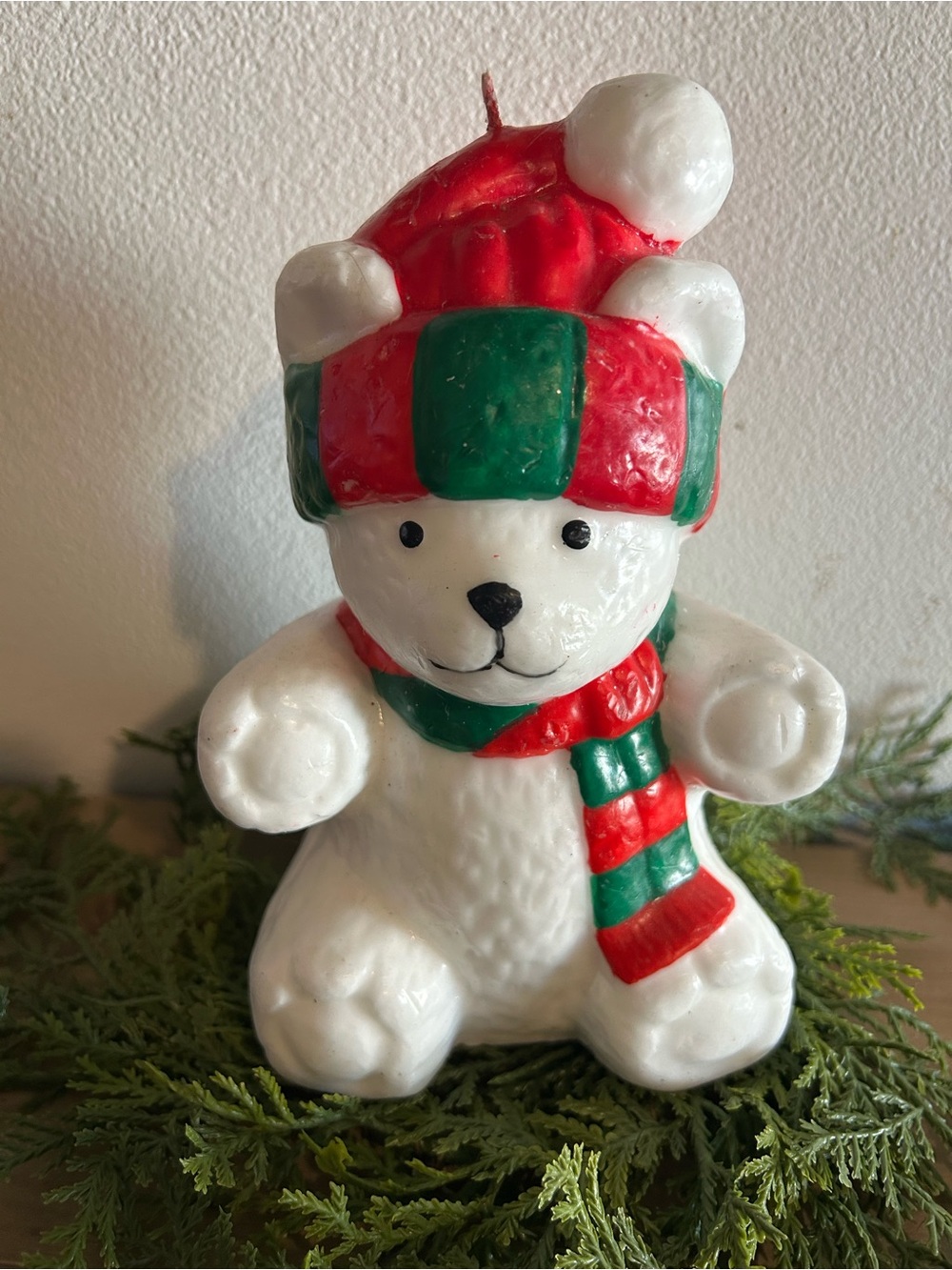 Festive Vintage White Bear Candle with Red & Green Hat and Scarf